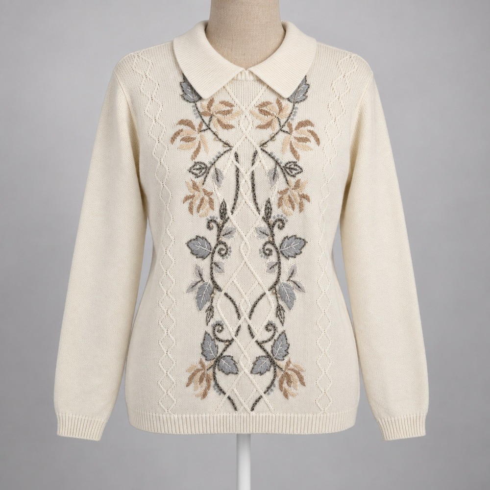 Vintage 90s Floral Embroidered Cable Knit Sweater Size M Cottagecore Collared
